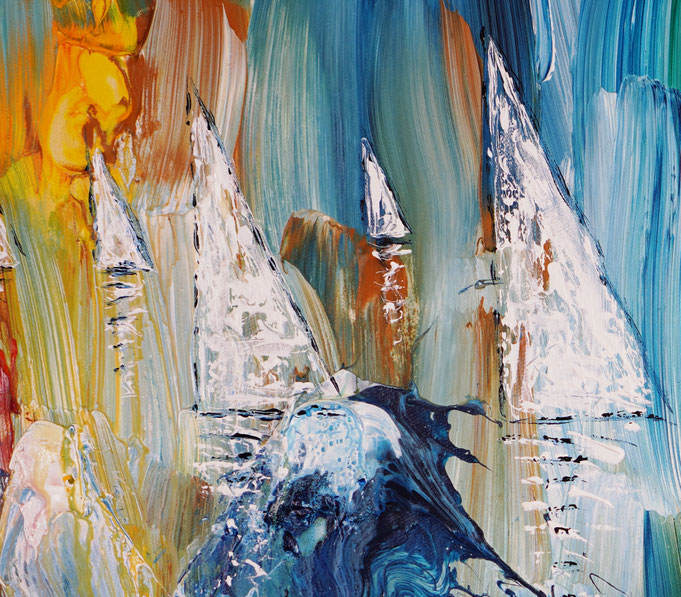 detail photo of the large vibrant sail boat painting
