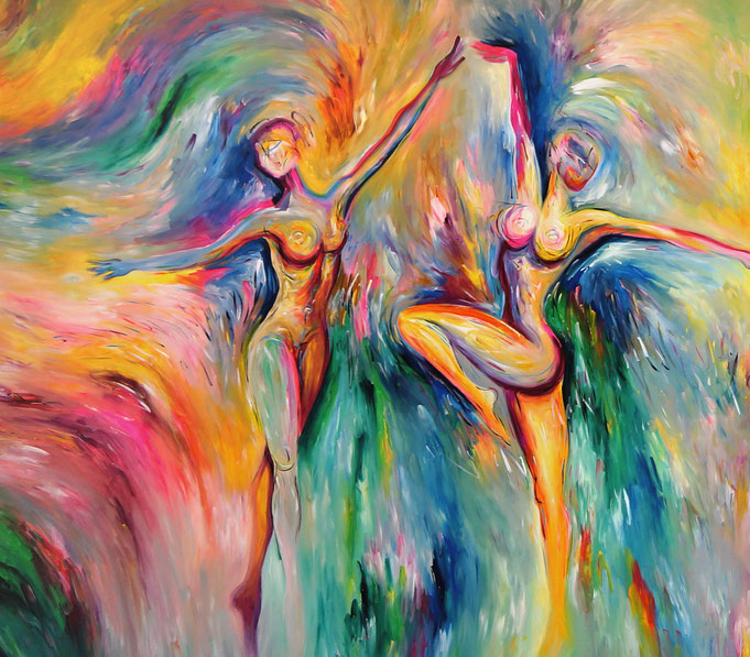 detail of the extra large painting colorful dancing amorists on canvas