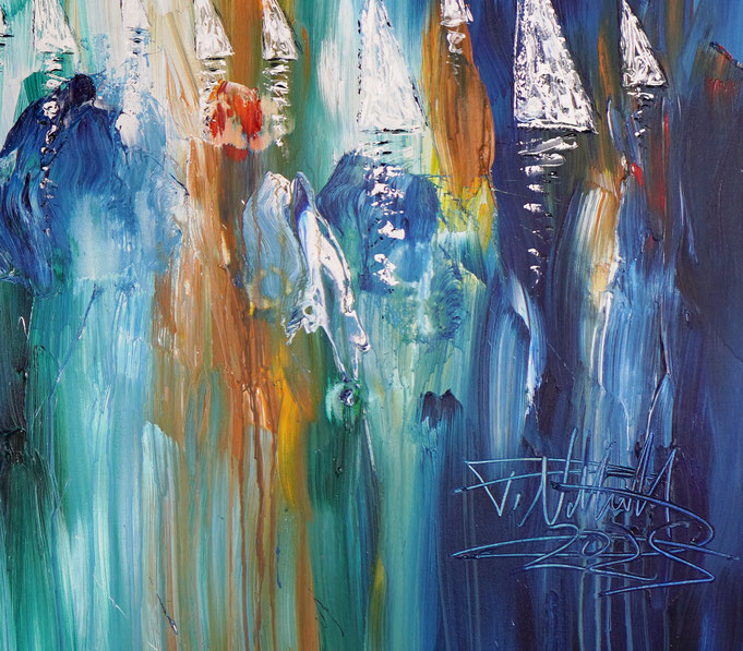 detail photo of the large vibrant sail boat painting