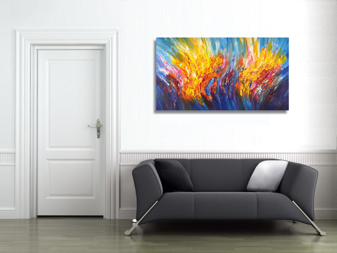 The abstract painting in the finished clamped to the wall .
