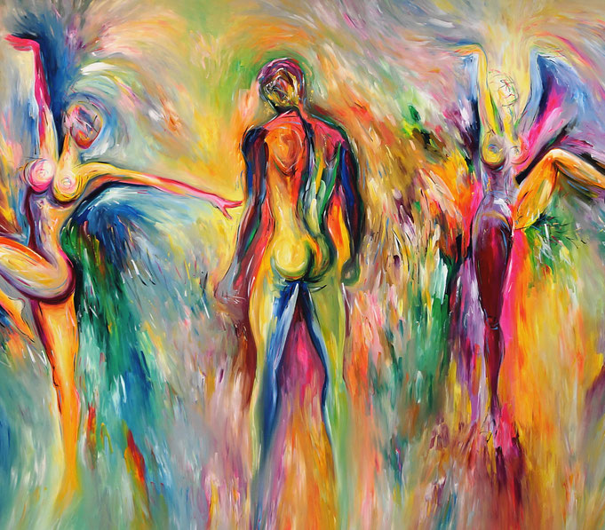 detail of the extra large painting colorful dancing amorists on canvas