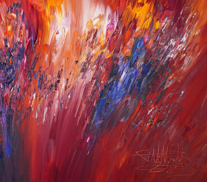 detail of the vibrant red abstract painting
