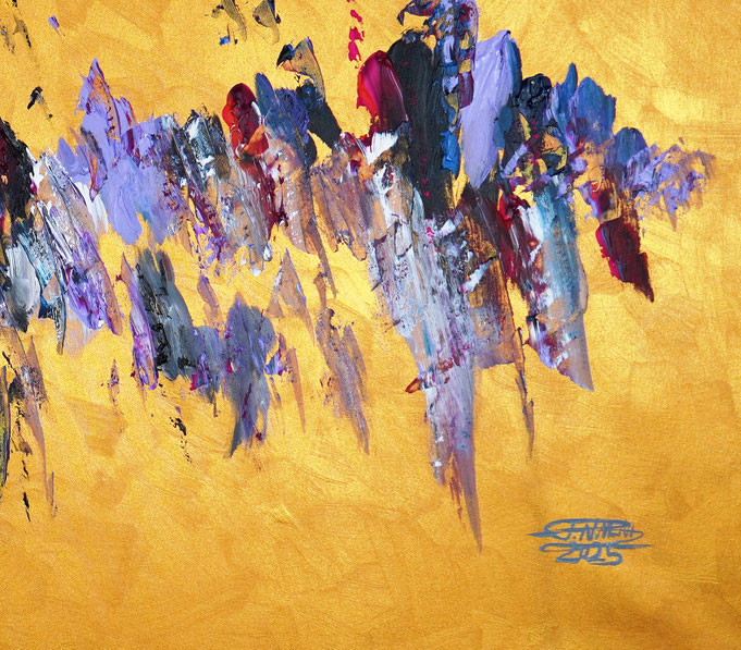 detail foto from the abstract artwork of the artist Peter Nottrott. Gold vibrant large original, acrylic on canvas