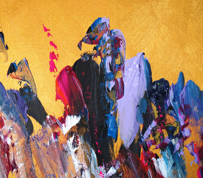 detail foto from the abstract artwork of the artist Peter Nottrott. Gold vibrant large original, acrylic on canvas