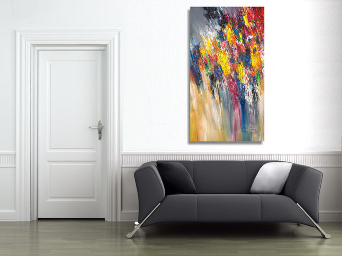 The abstract painting in the finished clamped to the wall .