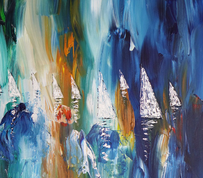 detail photo of the large vibrant sail boat painting