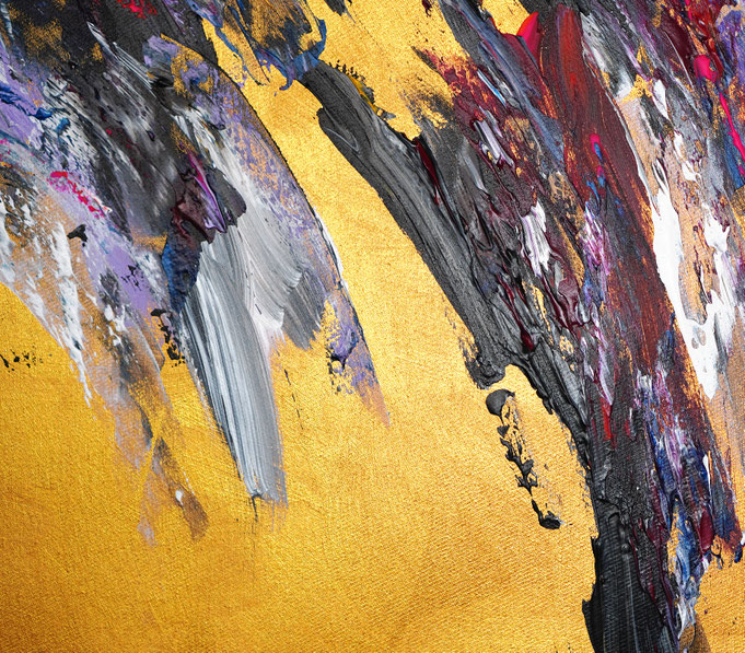 detail foto from the abstract artwork of the artist Peter Nottrott. Gold vibrant large original, acrylic on canvas