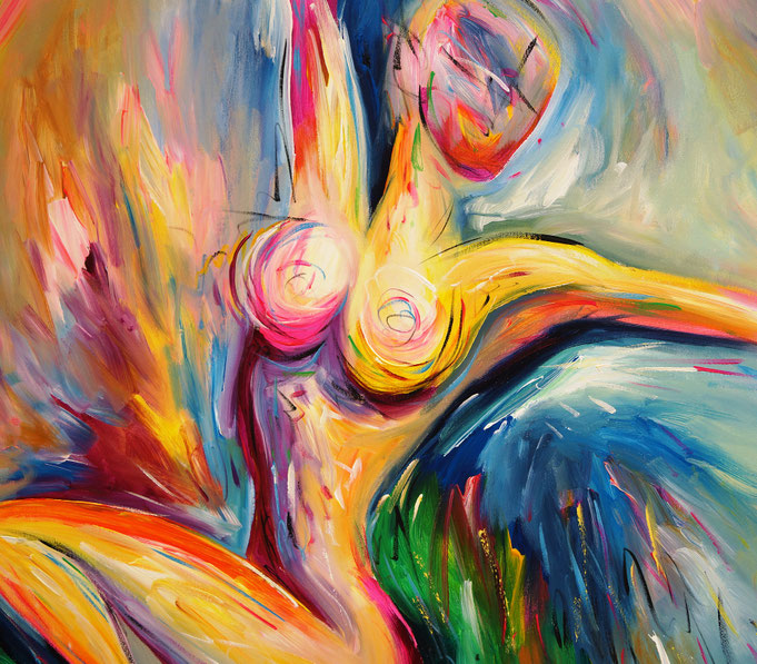 detail of the extra large painting colorful dancing amorists on canvas