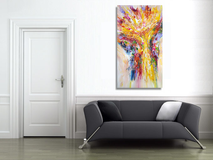 The abstract painting in the finished clamped to the wall .
