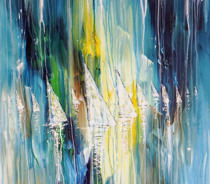 detail photo of the large vibrant sail boat painting
