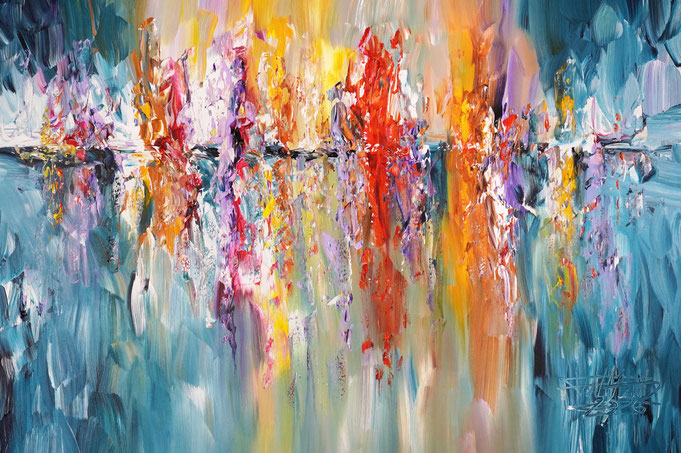 Semi abstract painting, the center of which seems to be reflected on a indicated coastal contour in the sunset. By the artist Peter Nottrott for sale