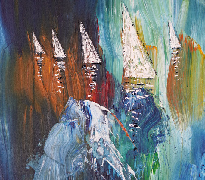 detail photo of the large vibrant sail boat painting