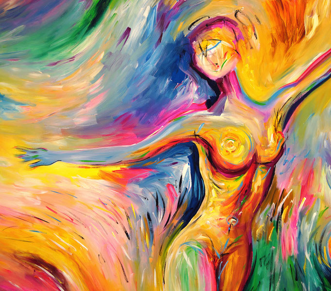 detail of the extra large painting colorful dancing amorists on canvas