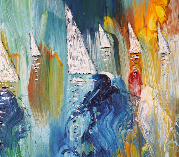 detail photo of the large vibrant sail boat painting