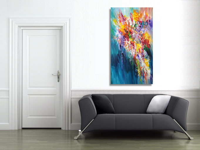 The abstract painting in the finished clamped to the wall .