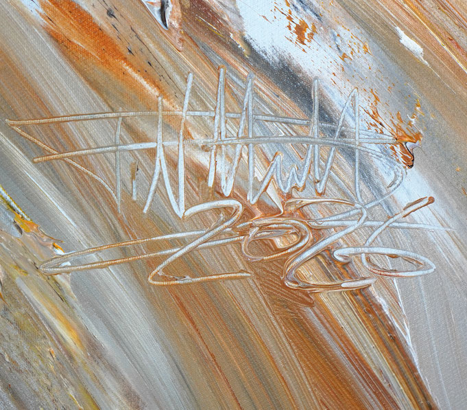 bottom right on the artwork: signature and year of creation of the large abstract, brown artwork