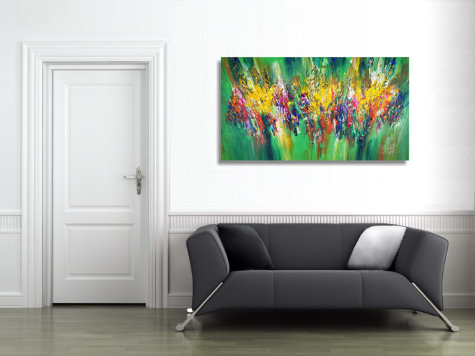 The abstract painting in the finished clamped to the wall .