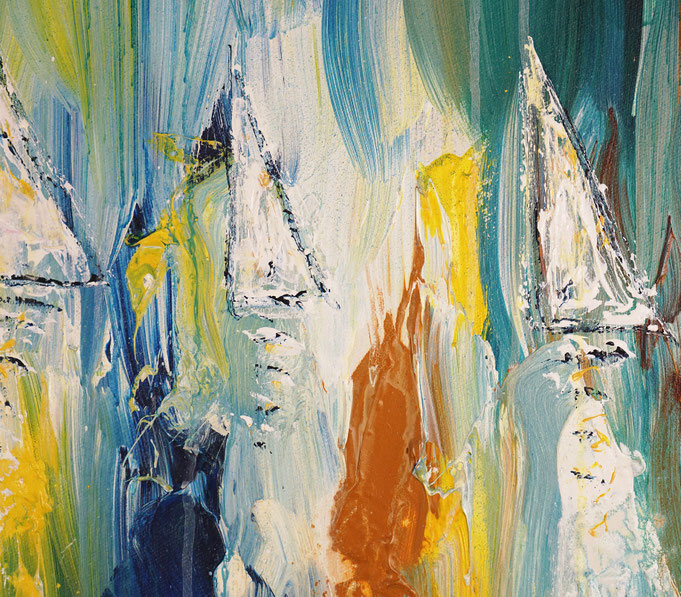 detail photo of the large vibrant sail boat painting
