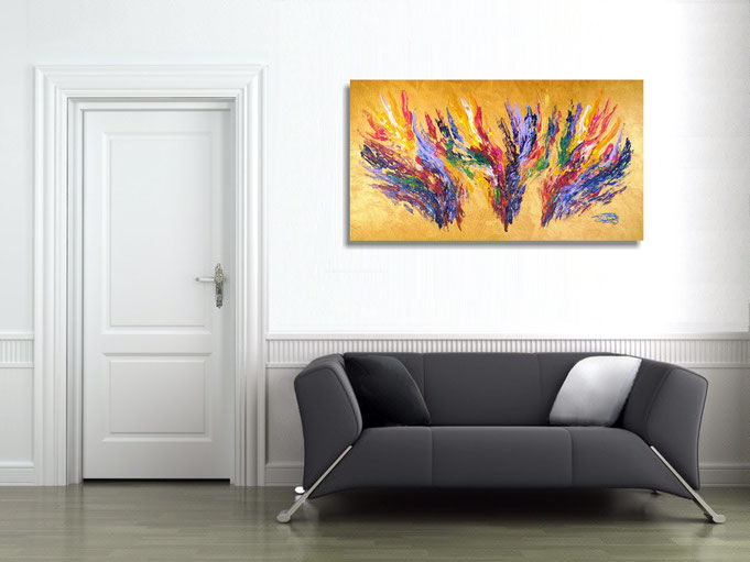 The abstract painting in the finished clamped to the wall .