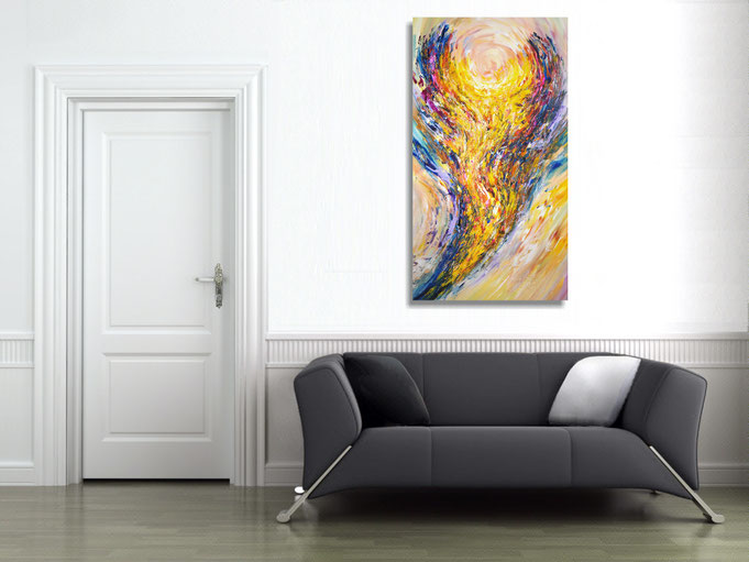 The abstract painting in the finished clamped to the wall .