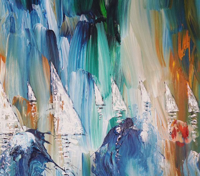 detail photo of the large vibrant sail boat painting