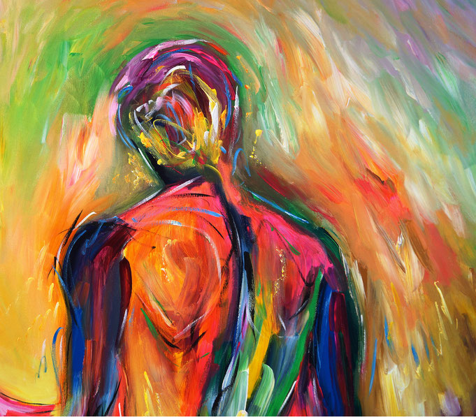 detail of the extra large painting colorful dancing amorists on canvas