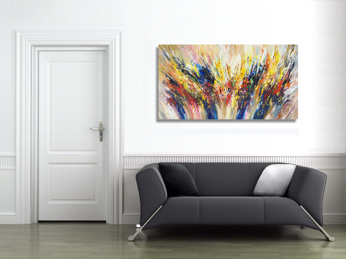 The abstract painting in the finished clamped to the wall .