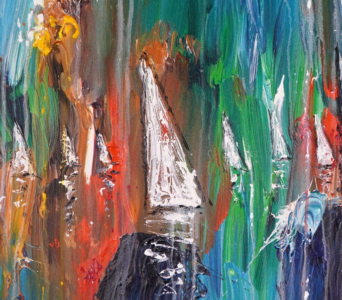 detail photo of the large vibrant sail boat painting