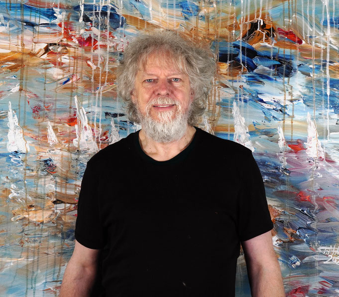 artist Peter Nottrott with his seascape artwork Sailing Far Away L 1