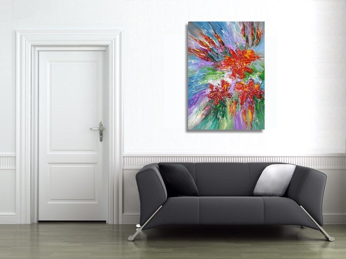 So the flower painting shines on the wall