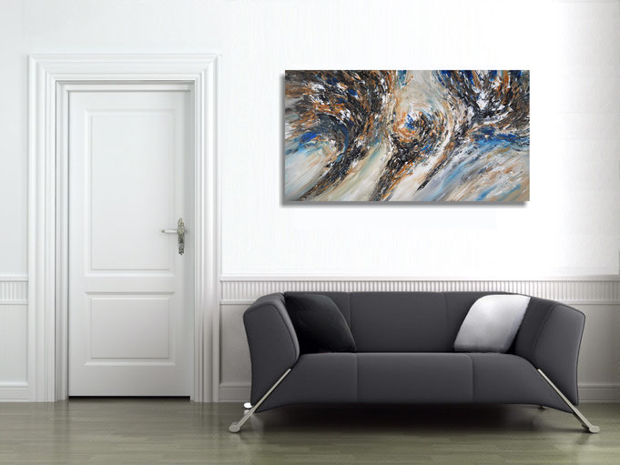 The abstract painting in the finished clamped to the wall .