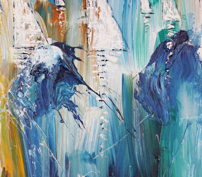 detail photo of the large vibrant sail boat painting
