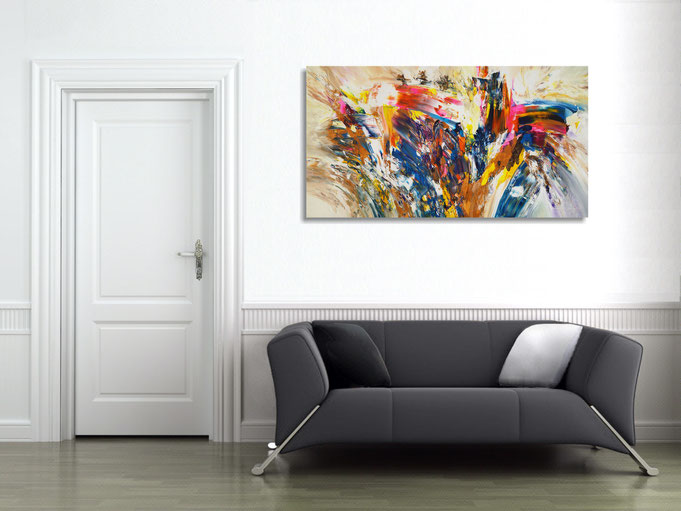 The abstract painting in the finished clamped to the wall .