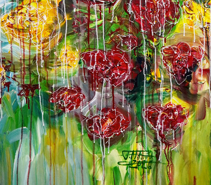 detail of the large poppy painting in portrait format