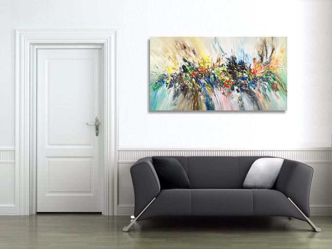 The abstract painting in the finished clamped to the wall .