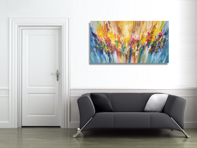 The abstract painting in the finished clamped to the wall .