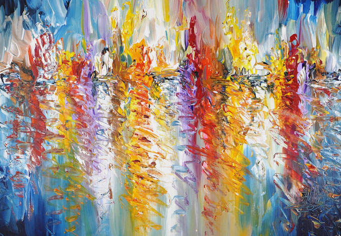 Semi abstract painting, the center of which seems to be reflected on a indicated coastal contour in the sunset. By the artist Peter Nottrott for sale