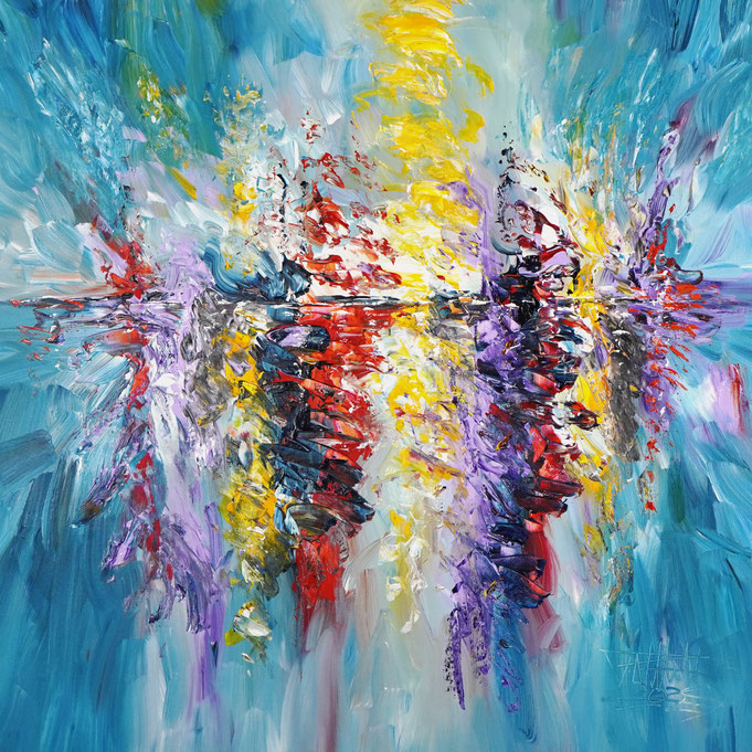 Semi abstract painting, the center of which seems to be reflected on a indicated coastal contour in the sunset. By the artist Peter Nottrott for sale