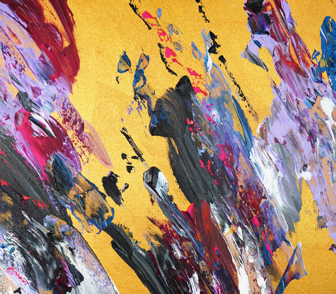 detail foto from the abstract artwork of the artist Peter Nottrott. Gold vibrant large original, acrylic on canvas