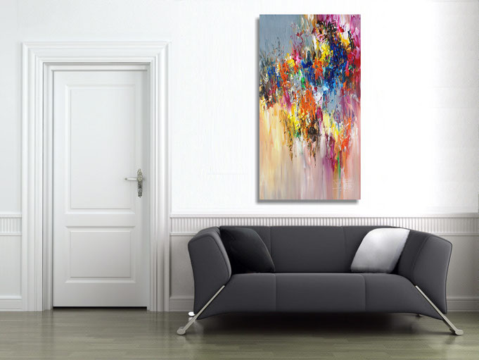 The abstract painting in the finished clamped to the wall .