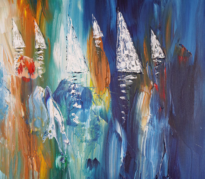 detail photo of the large vibrant sail boat painting
