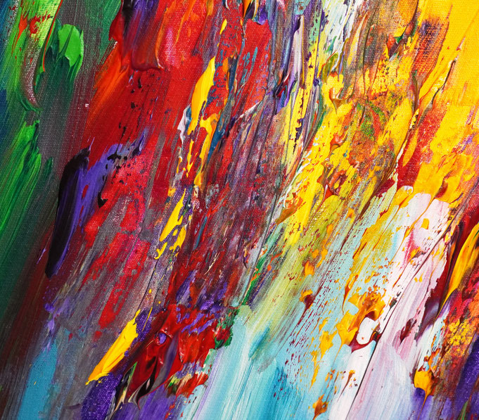 Detail of the abstract and detailed, red colorful painting. Acrylic on canvas