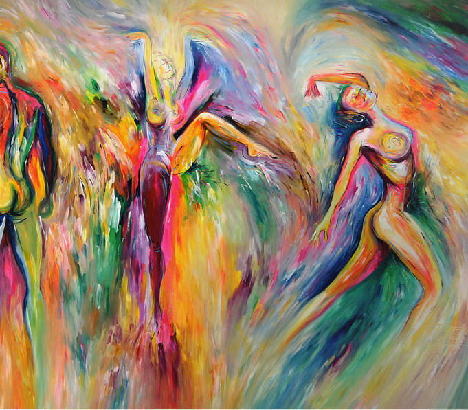 detail of the extra large painting colorful dancing amorists on canvas