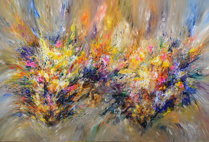 abstract, acrylic on canvas,  colorful, organic painting, full of  energy, yellow, blue, pink