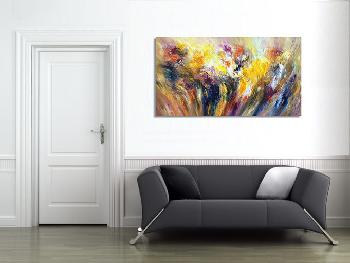 The abstract painting in the finished clamped to the wall .