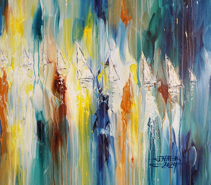 detail photo of the large vibrant sail boat painting