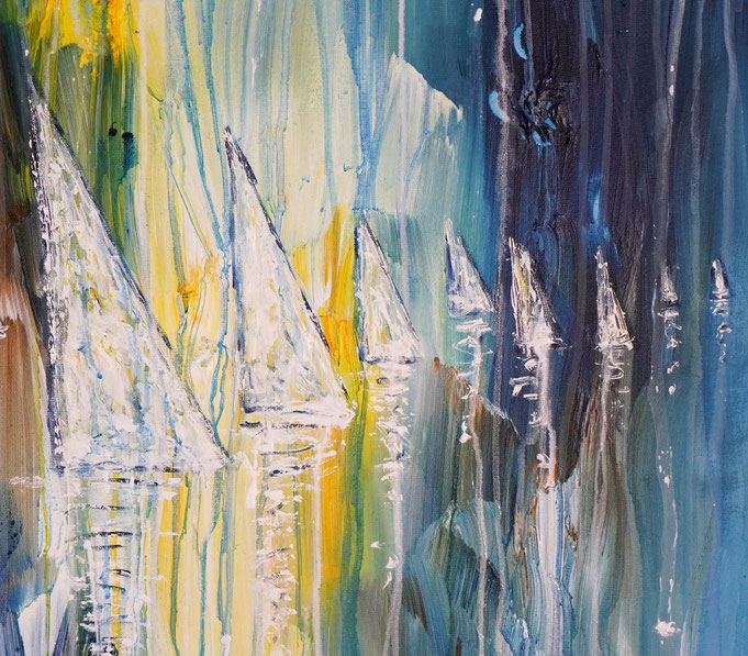 detail photo of the large vibrant sail boat painting