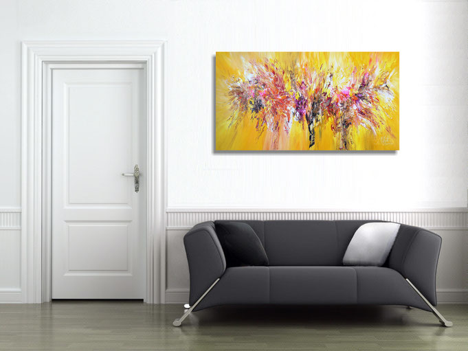 The abstract painting in the finished clamped to the wall .