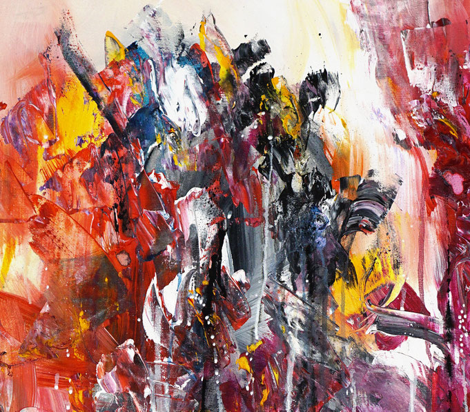 Detail of the abstract and detailed, red colorful painting. Acrylic on canvas