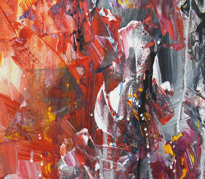 Detail of the abstract and detailed, red colorful painting. Acrylic on canvas